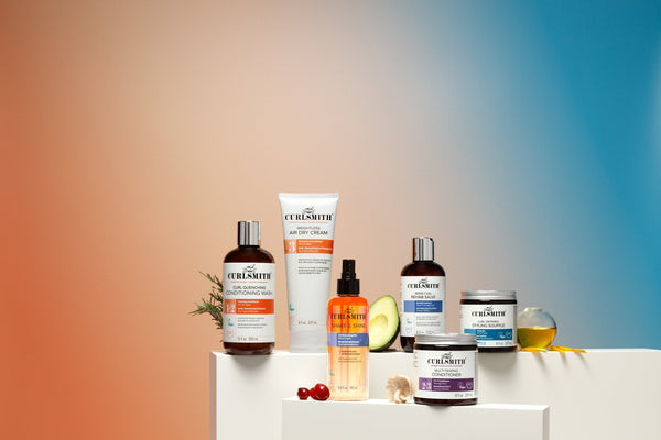 Curlsmith products on a multi-coloured background