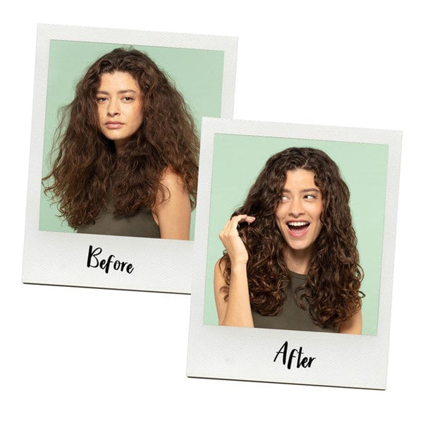 Before and after using product for frizzy curly hair
