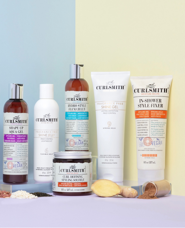 Curlsmith products on a yellow, blue and purple background