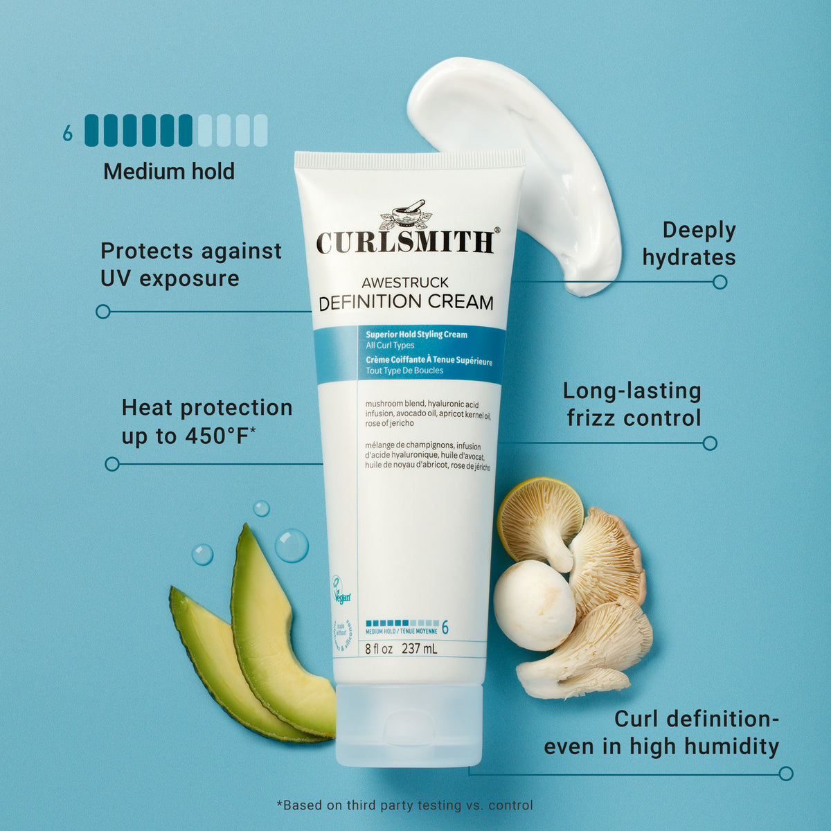 Curlsmith Awestruck Definition Cream tube with product features on a blue background