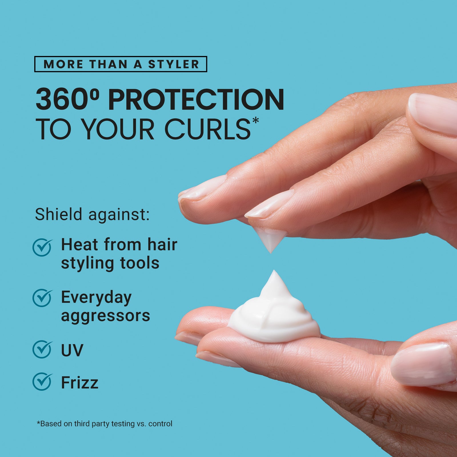 Hand applying a small amount of cream to another finger with text about 360-degree protection for curls on a blue background.