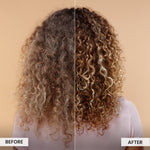 Before and after comparison of curly hair on a beige background