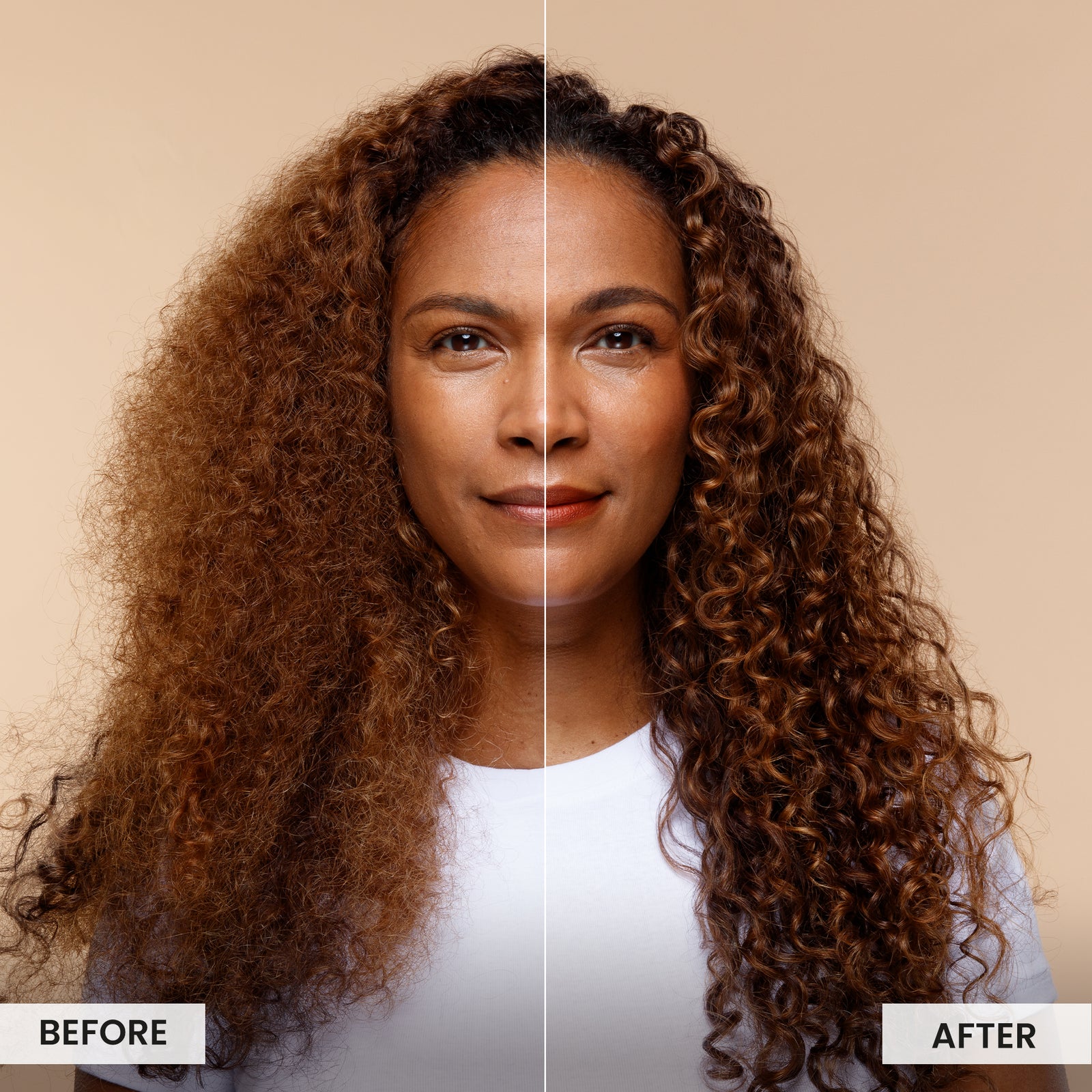 Before and after comparison of a woman with curly hair on a beige background