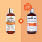Two bottles of Curlsmith Curl Quenching Conditioning Wash on a peach background with a 'Same Great Product, New Look' label.