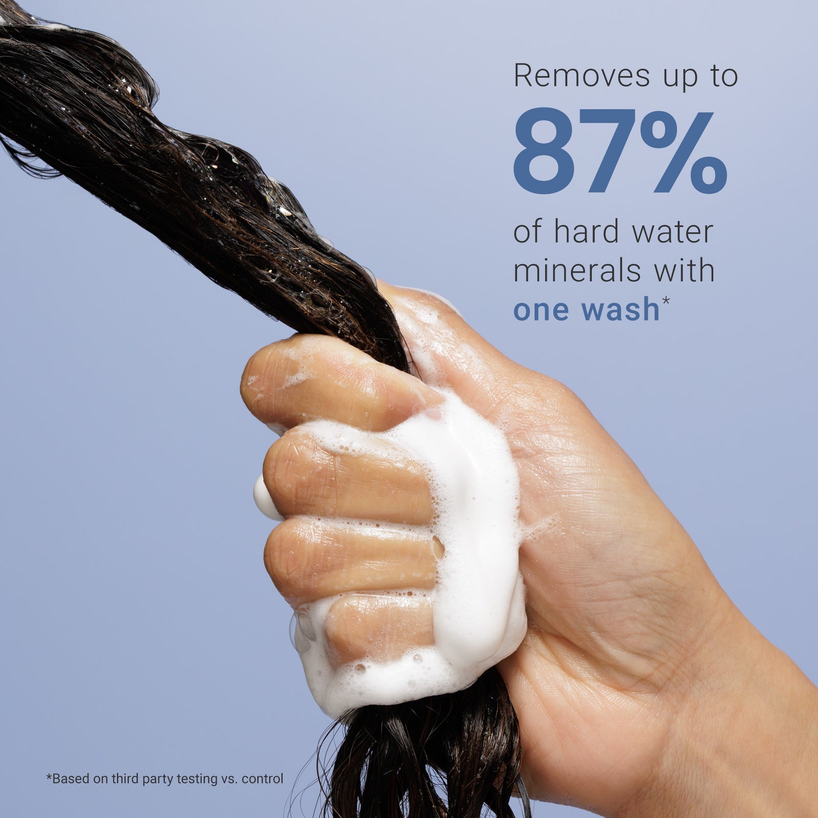 Hand with soap suds holding hair against a blue background with text about water mineral removal.