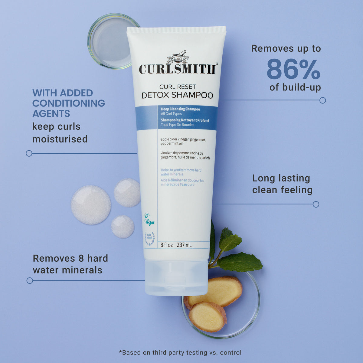 Curlsmith Curl Reset Detox Shampoo tube with product benefits on a blue background