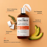 Curlsmith Curl Quenching Conditioning Wash bottle with avocado slices and rosemary on a peach background