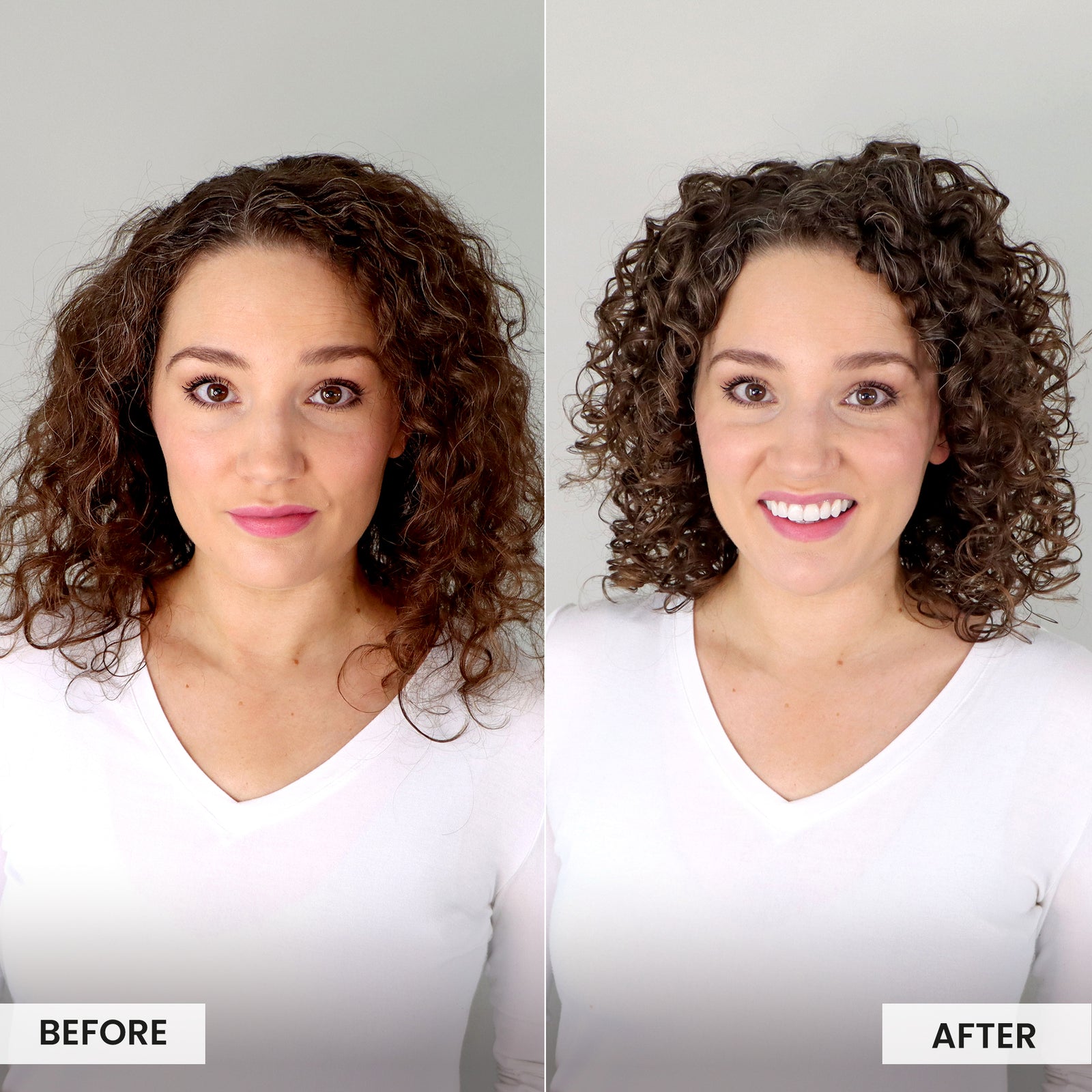 Before and after comparison of a woman with curly hair against a plain background