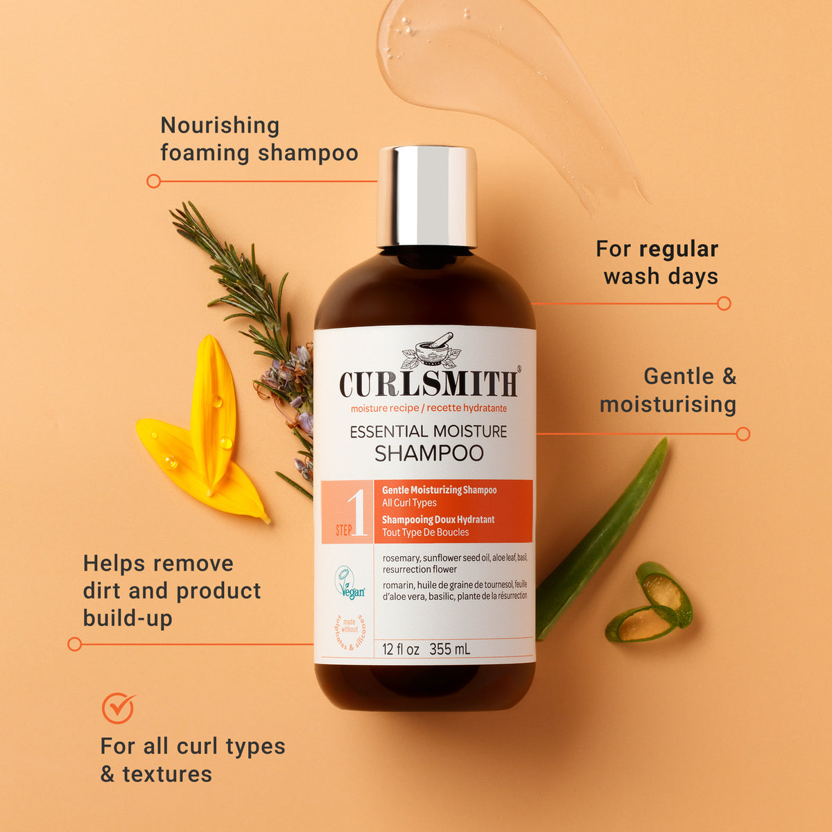 Curlsmith shampoo bottle with product features on a beige background
