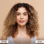 Before and after comparison of a woman with curly hair on a beige background