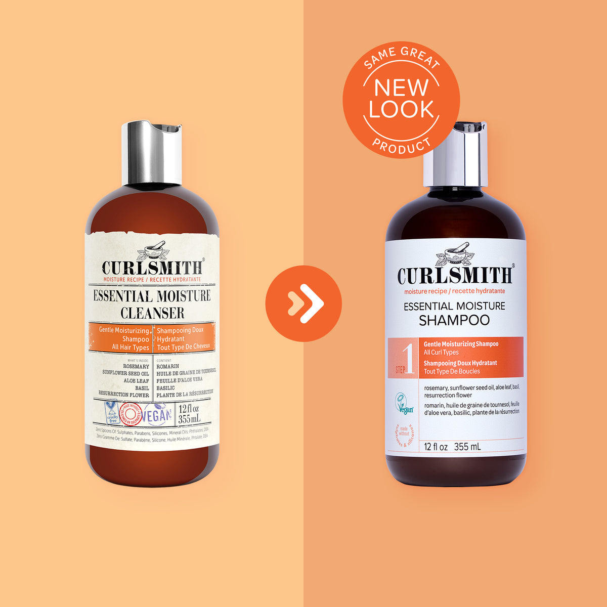 Two bottles of Curlsmith hair care products on a peach background with 'Same Great Product, New Look' text.