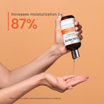 Hand holding a skincare product with text indicating increased moisturization on an orange background