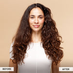 Before and after comparison of a woman with long, wavy hair on a beige background.