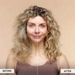 Before and after comparison of a woman with blonde hair on a beige background