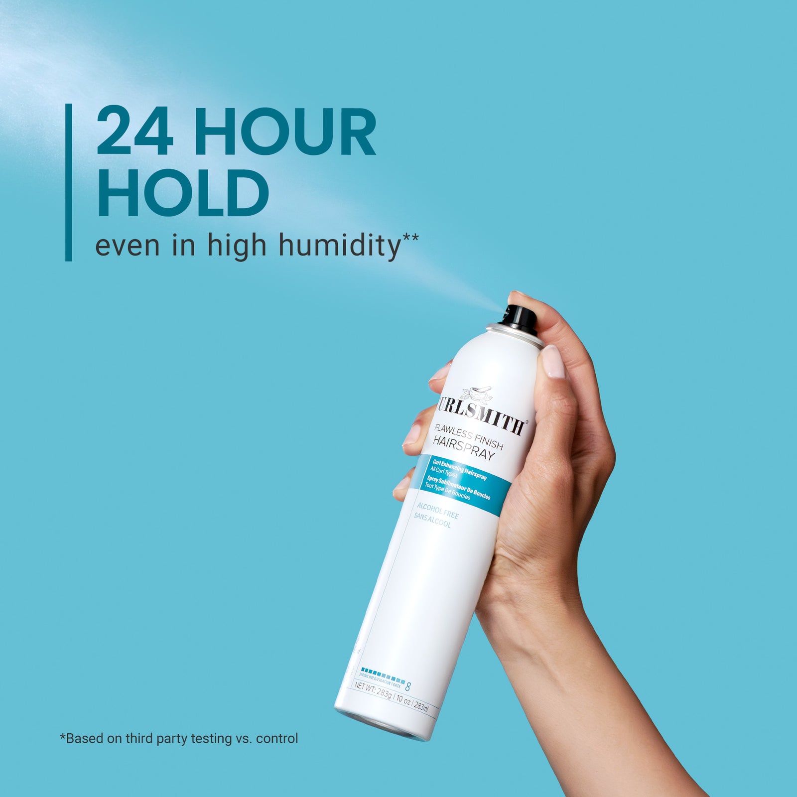 Hand holding a bottle of hairspray with text about 24-hour hold on a blue background