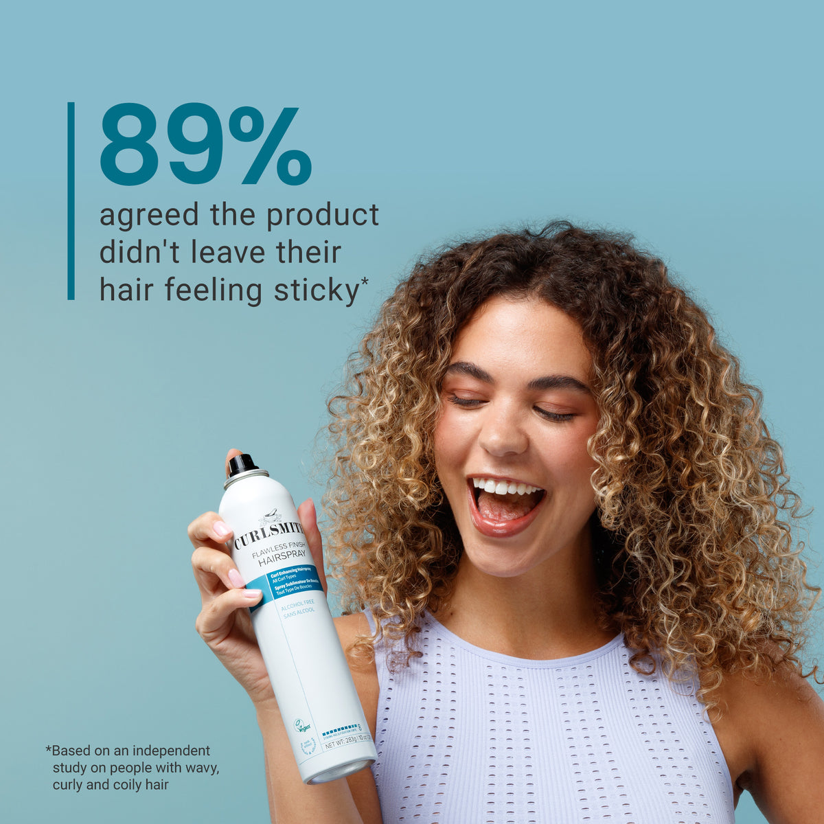Woman holding a bottle of hair product with text about product satisfaction on a blue background