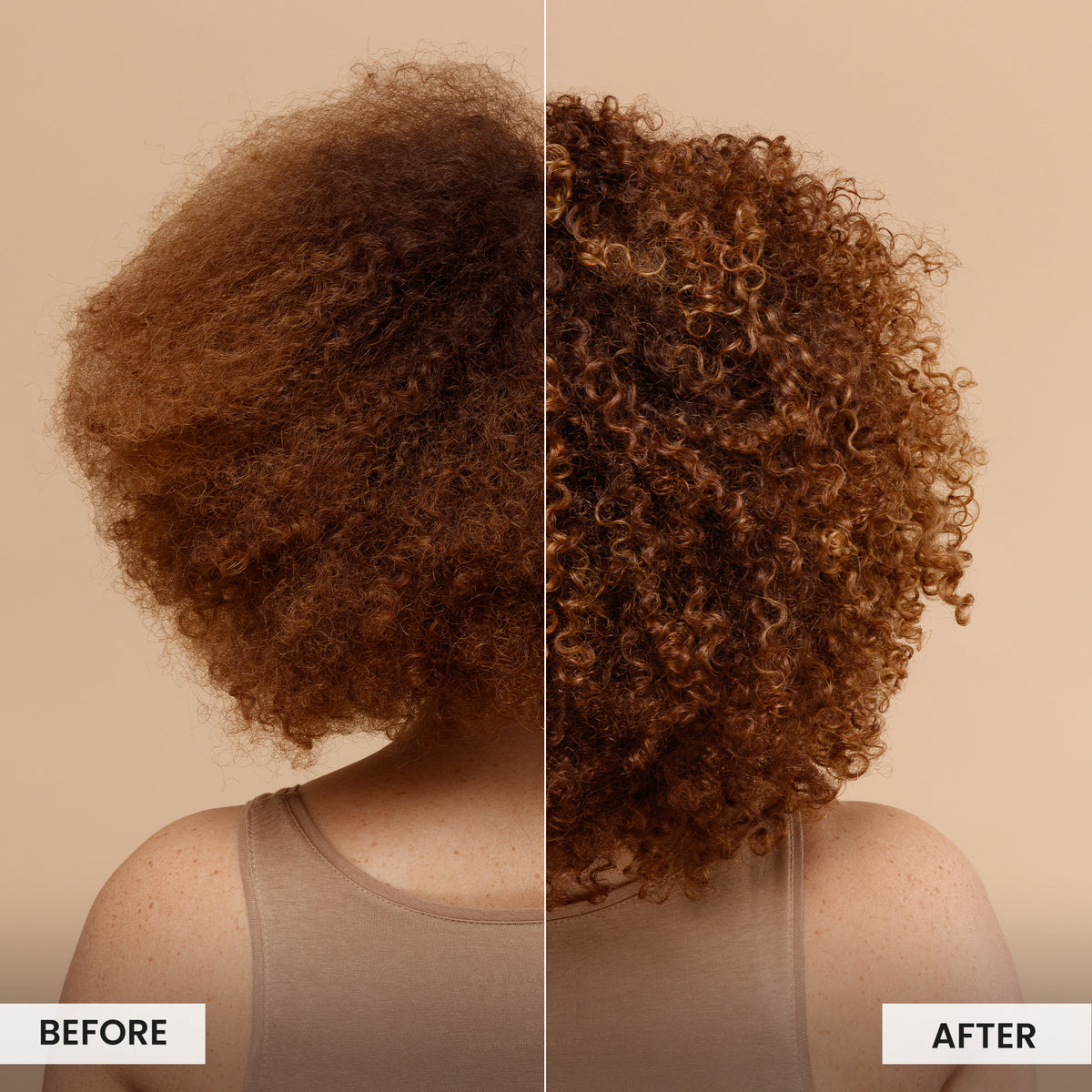 Before and after comparison of a person's hair on a beige background