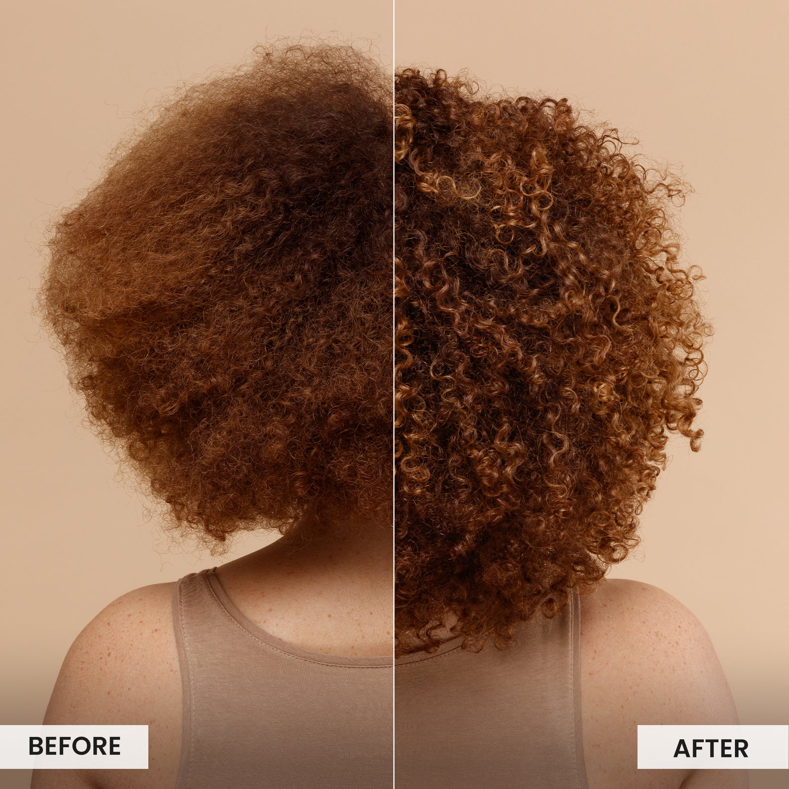 Before and after comparison of a person's hair on a beige background
