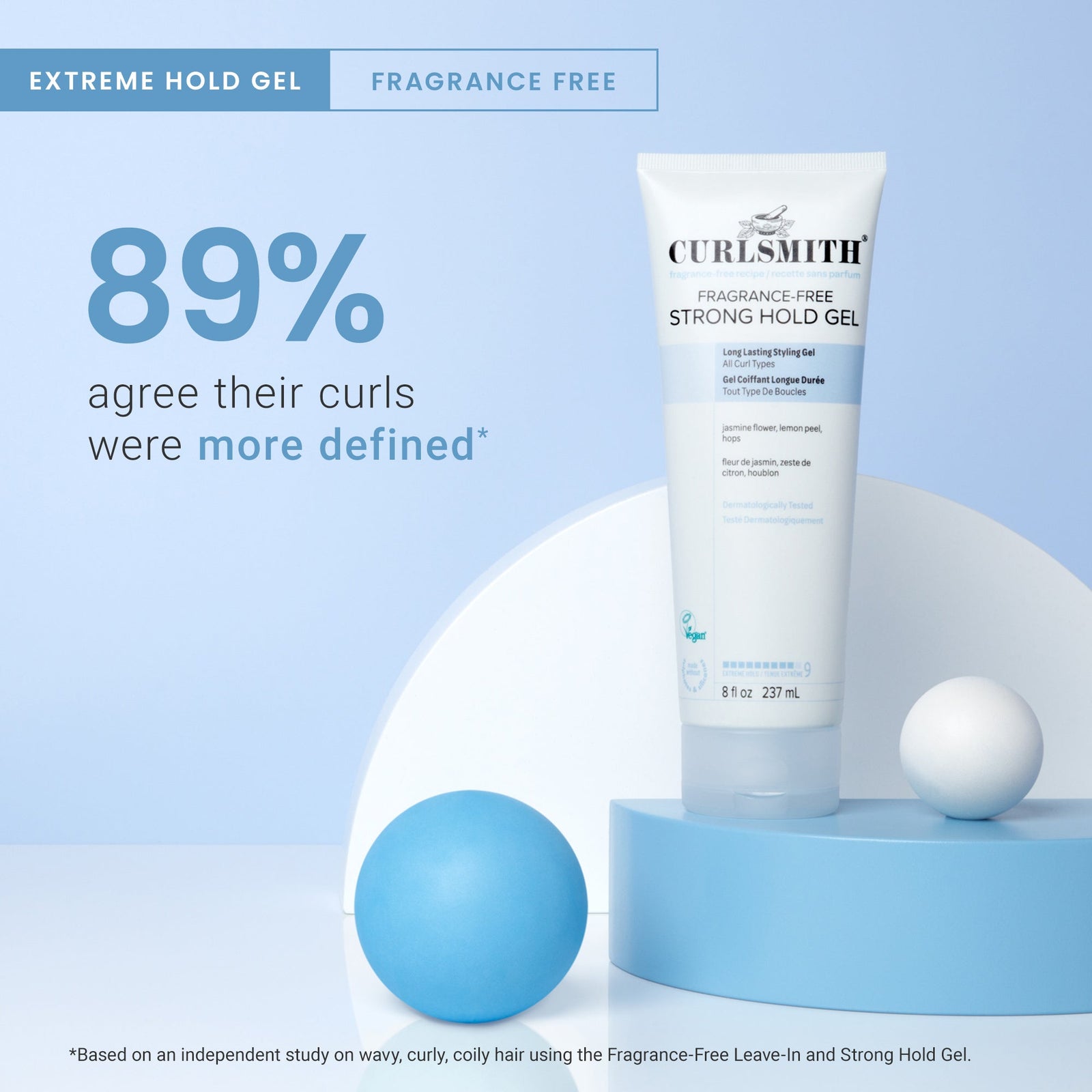Curlsmith fragrance-free strong hold gel tube on a blue background with text about product effectiveness.
