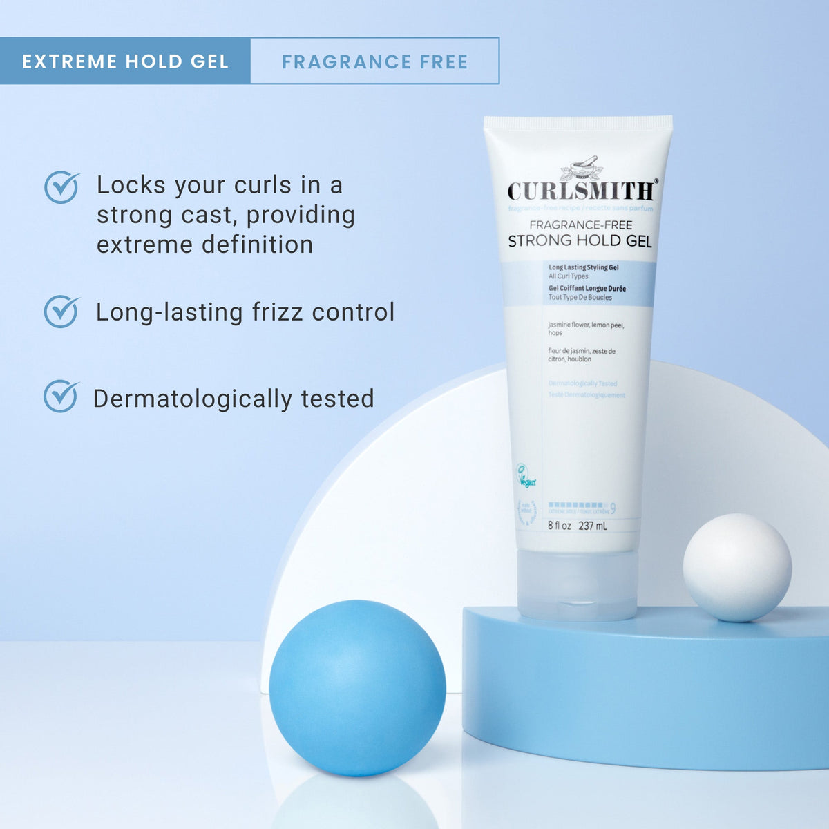 Curlsmith Strong Hold Gel tube with product features on a light blue background