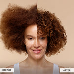 Before and after comparison of a woman's hair with a beige background