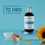 Curlsmith hair product bottle with text on a blue background, featuring a sunflower and watermelon.