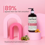 Curlsmith full body milk conditioner bottle on a pink background with text about hair smoothness.