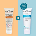Two versions of Curlsmith 'Hold Me Softly Style Balm' on a split background with a 'Same Great Product, New Look' label.
