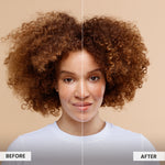 Before and after comparison of a woman with curly hair on a beige background
