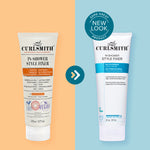 Two versions of Curlsmith In-Shower Style Fixer on a split background with a 'Same Great Product' badge.