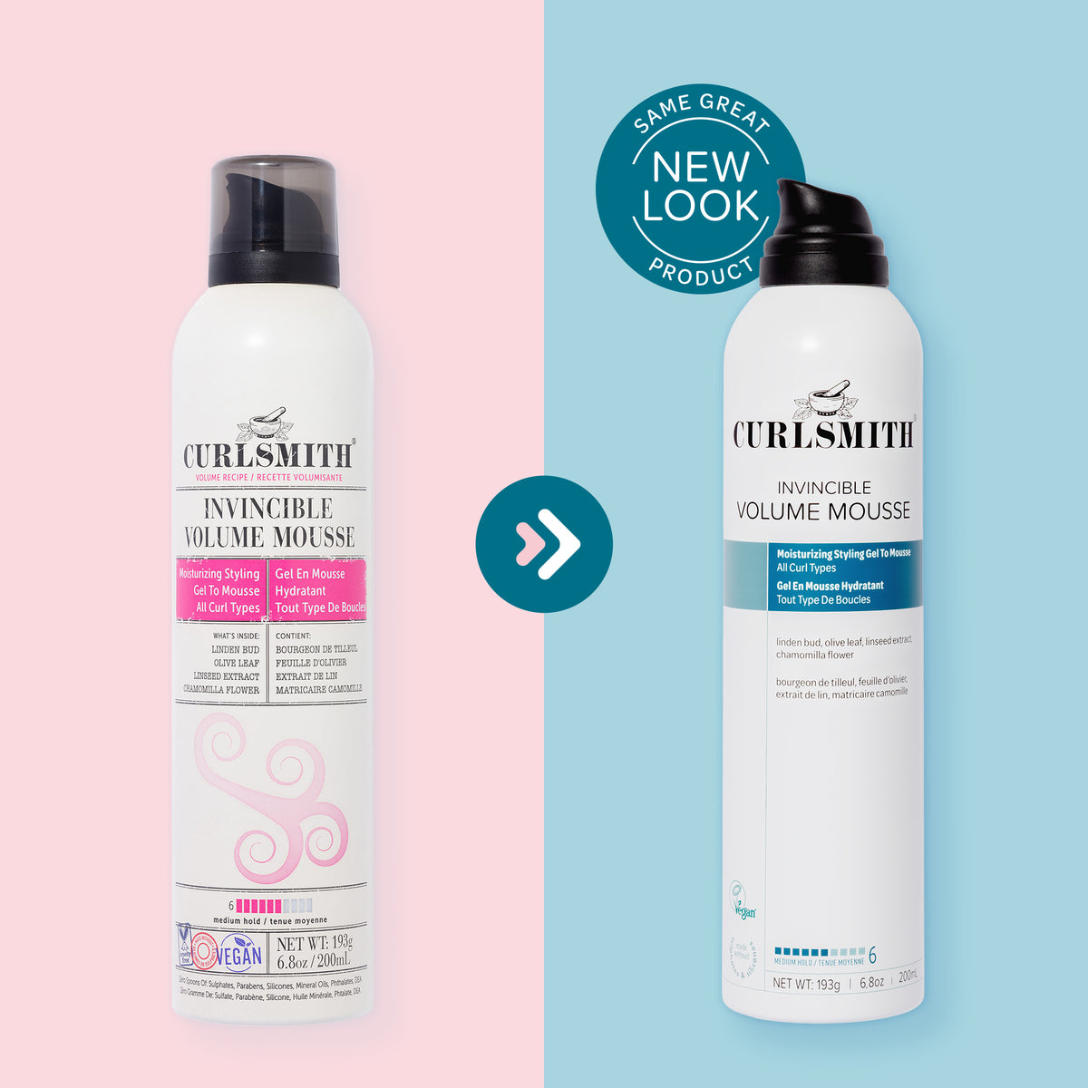 Two bottles of Curlsmith Invincible Volume Mousse on a pink and blue background with a 'Same Great Product, New Look' badge.