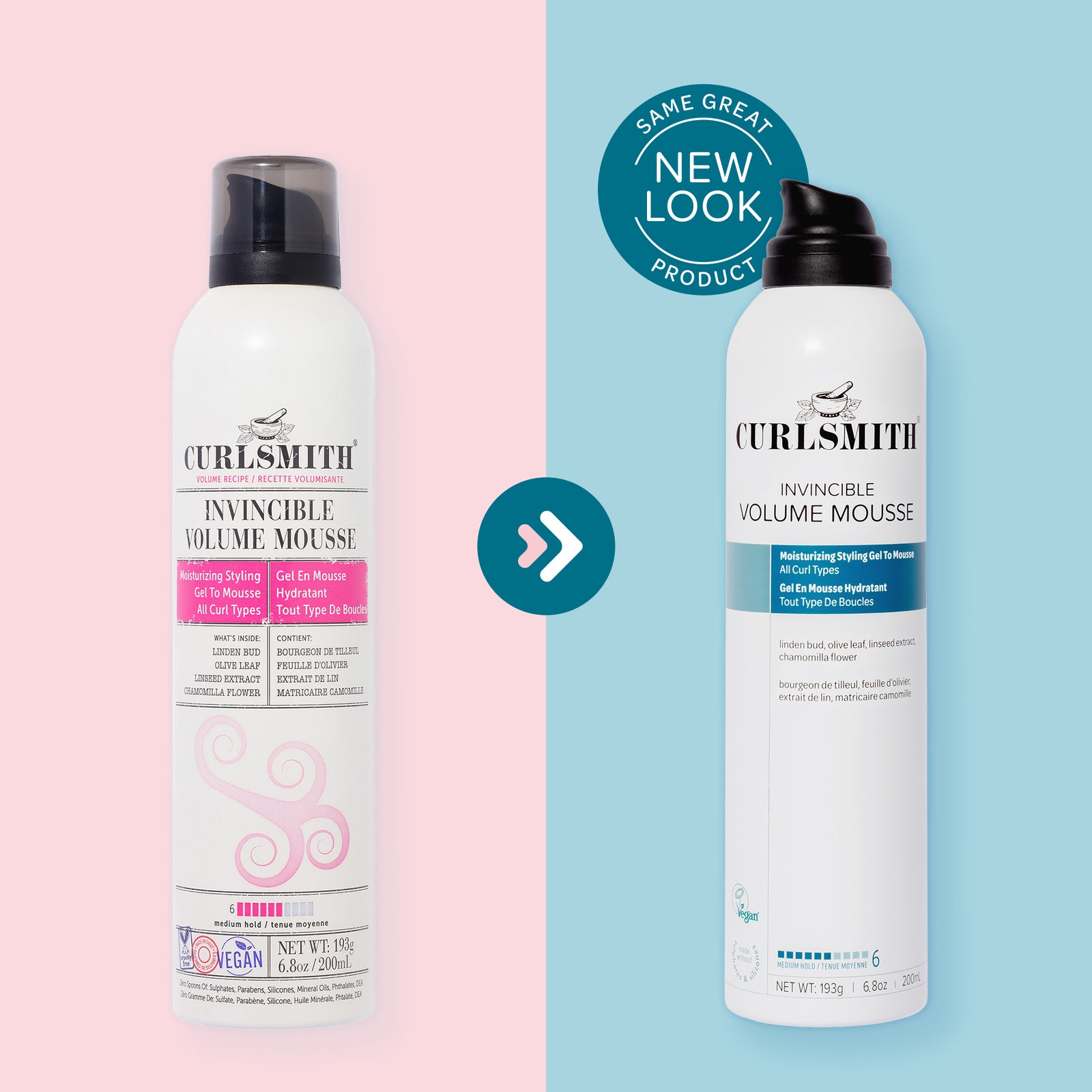 Two bottles of Curlsmith Invincible Volume Mousse on a pink and blue background with a 'Same Great Product, New Look' badge.