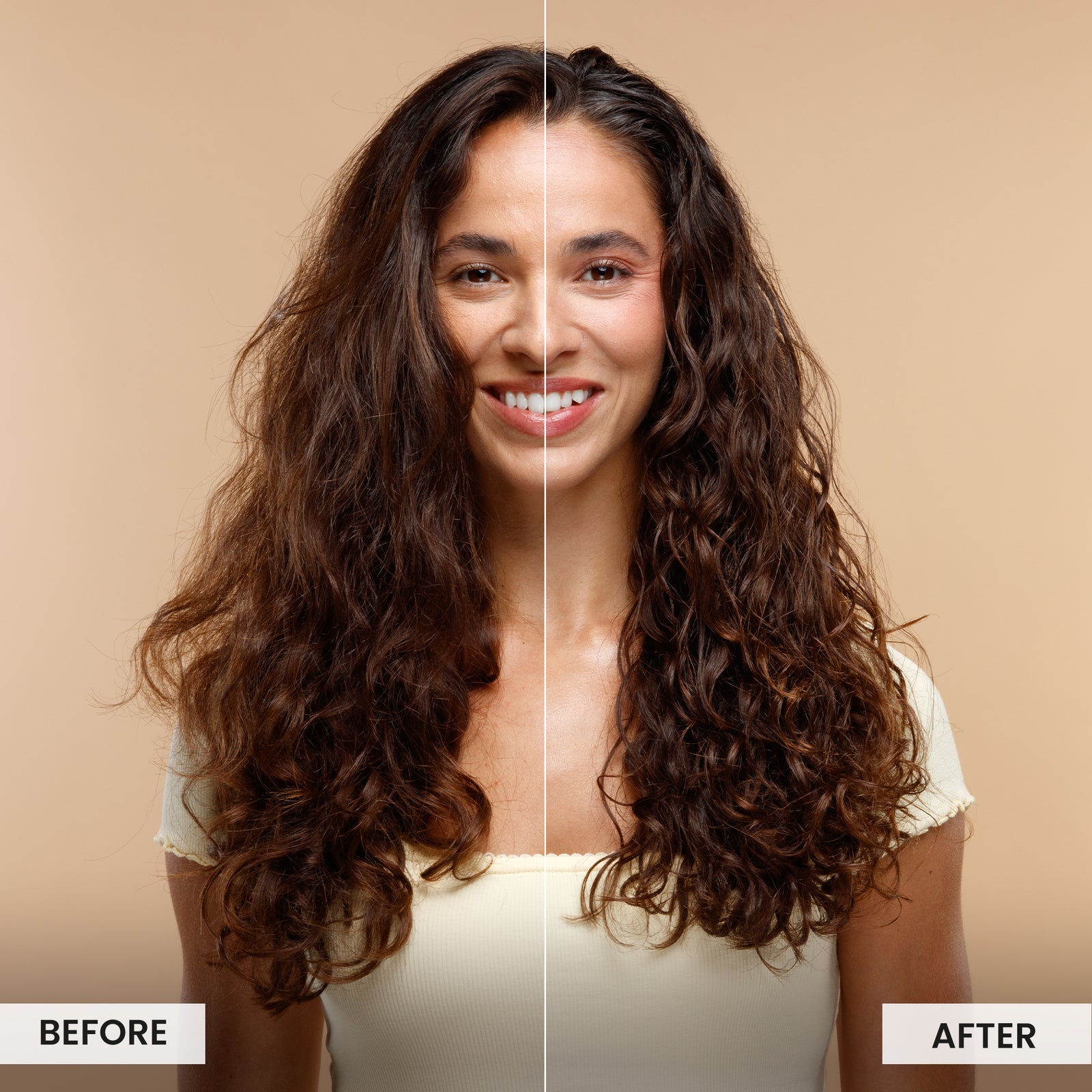 Before and after comparison of a woman with long, wavy hair on a beige background
