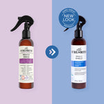 Two bottles of Curlsmith Miracle Shield spray with a 'Same Great Product, New Look' label on a purple and blue background.